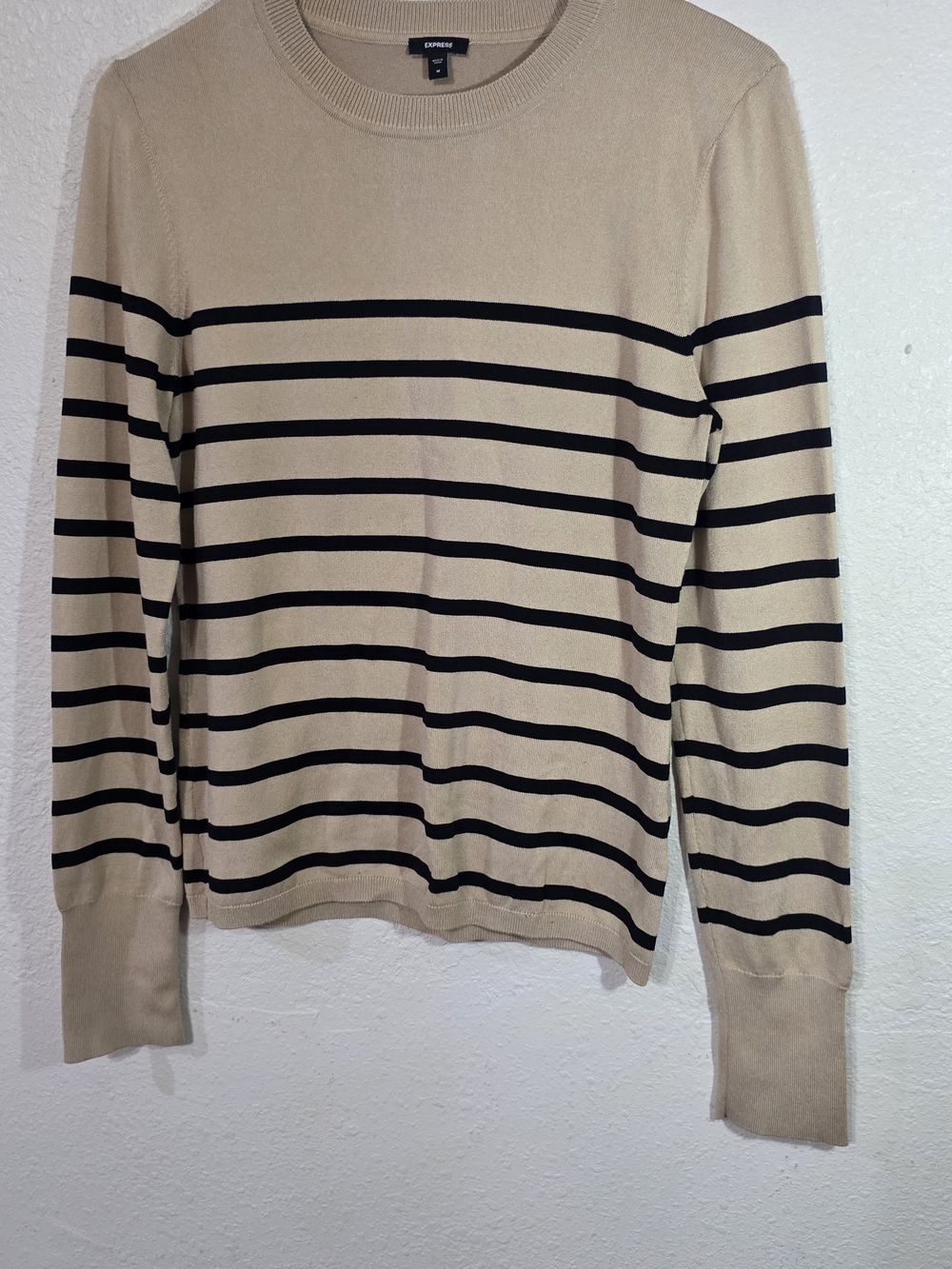 Express Women’s Beige and Black Striped Crewneck Sweater
